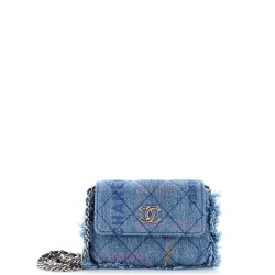 Denim Mood Flap Clutch with Chain Logo Printed Quilted Fringe Denim