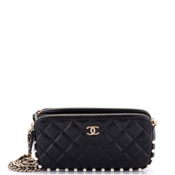 Double Zip Clutch with Chain Quilted Calfskin with Pearl Detail