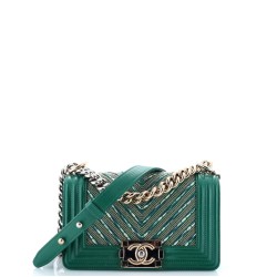 Boy Flap Bag Studded Chevron Calfskin with Tweed Small