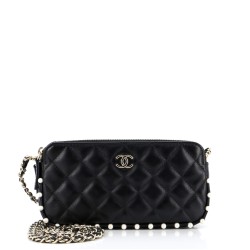 Double Zip Clutch with Chain Quilted Calfskin with Pearl Detail