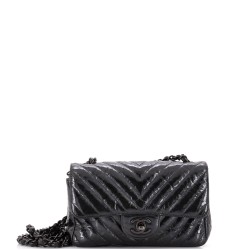 So Black Classic Single Flap Bag Chevron Crumpled Patent Mini
