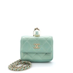 CC Pearl Coin Card Holder with Chain Quilted Iridescent Caviar