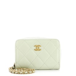 Pearl Crush Zip Around Card Holder on Chain Quilted Lambskin