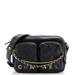 Logo Twin Pockets Chain Camera Case Quilted Calfskin Small