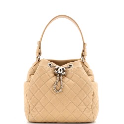 CC Chain Drawstring Bucket Bag Quilted Lambskin Small