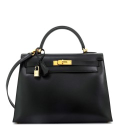 Kelly Handbag Noir Box Calf with Gold Hardware 32