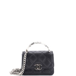 Coco Enamel Top Handle Flap Clutch with Chain Quilted Caviar