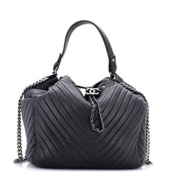 CC Chain Drawstring Bucket Bag Chevron Sheepskin Medium