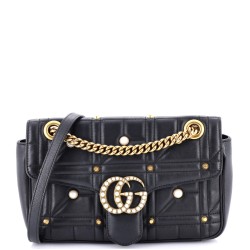 Pearly GG Marmont Flap Bag Embellished Matelasse Leather Small