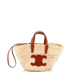 Triomphe Basket Shoulder Bag Raffia with Leather Teen
