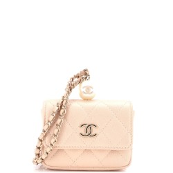 CC Pearl Coin Card Holder with Chain Quilted Iridescent Caviar