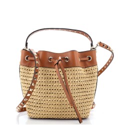 Convertible Rockstud Drawstring Bucket Bag Woven Raffia with Leather Small