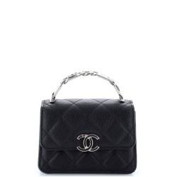 Coco Enamel Top Handle Flap Clutch with Chain Quilted Caviar