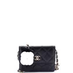 Camellia Bow Flap Card Holder with Chain Quilted Lambskin