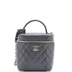 CC Top Handle Vanity Case with Chain Quilted Caviar Small