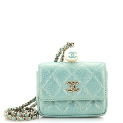 CC Pearl Coin Card Holder with Chain Quilted Iridescent Caviar