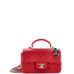 Classic Single Flap Top Handle Bag Quilted Lambskin with Lion Charm Mini
