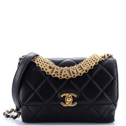 Crystal Logo Letters Chain Handle Flap Bag Quilted Lambskin Small