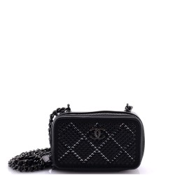 So Black Zip Around Vanity Clutch with Chain Strass Embellished Satin with Leather