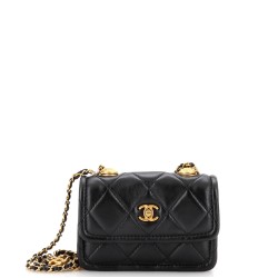 Button on Top Flap Clutch with Chain Quilted Shiny Lambskin Mini