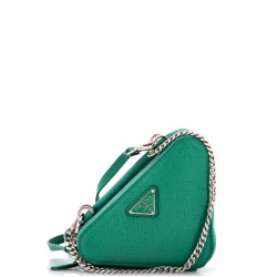 Triangle Double Zip Pouch Bag with Chain Saffiano Leather Mini