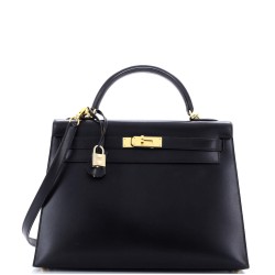 Kelly Handbag Noir Box Calf with Gold Hardware 32
