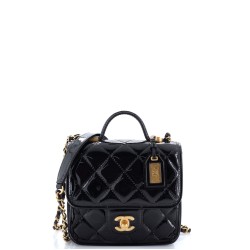 School Memory Top Handle Flap Bag Quilted Patent Mini