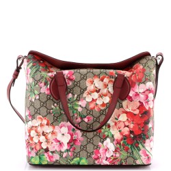 Signature Fold Over Tote Blooms Print GG Coated Canvas Medium