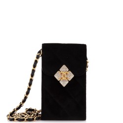 Diamond Lock CC Phone Holder with Chain Quilted Velvet with Crystals