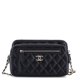 Front Pocket Double Zip Clutch with Chain Quilted Lambskin Small