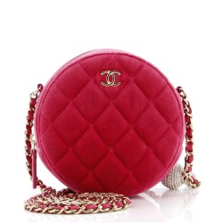 Pearl Crush Round Clutch with Chain Quilted Velvet with Crystal Detail
