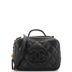 CC Top Handle Zip Around Vanity Case with Chain Quilted Caviar Small