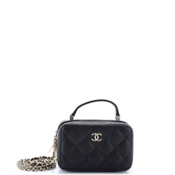 CC Zip Around Top Handle Vanity Case with Chain Quilted Caviar Mini