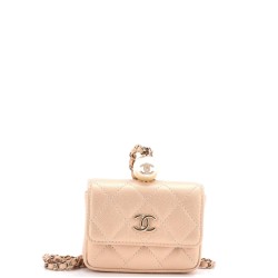 CC Pearl Coin Card Holder with Chain Quilted Caviar