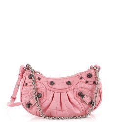 Le Cagole Giant Studs Chain Shoulder Bag Crocodile Embossed Leather with Crystals Mini