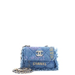 Denim Mood Flap Clutch with Chain Logo Printed Quilted Fringe Denim