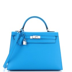 Kelly Handbag Bleu Zanzibar Epsom with Palladium Hardware 32