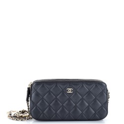 Double Zip Clutch with Pearl Chain Quilted Lambskin