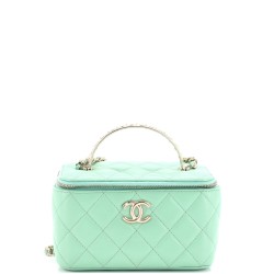 Pearl Detail Handle Vanity Case with Chain Quilted Lambskin Small