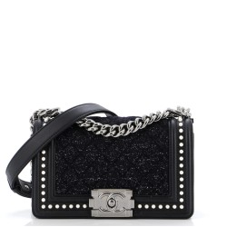 Boy Flap Bag Quilted Tweed with Pearl Embellished Calfskin Small