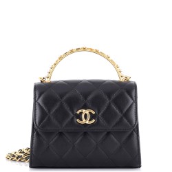 Logo and Pearl Top Handle Clutch with Chain Quilted Lambskin Small