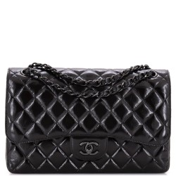 So Black Classic Double Flap Bag Quilted Shiny Crumpled Calfskin Jumbo