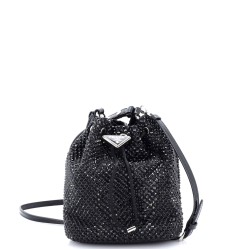 Drawstring Bucket Bag Crystal Embellished Satin Small