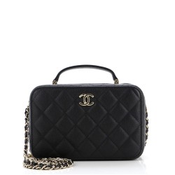 CC Zip Around Top Handle Vanity Case with Chain Quilted Caviar Small
