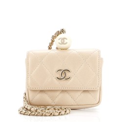 CC Pearl Coin Card Holder with Chain Quilted Caviar
