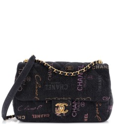 Denim Mood Flap Bag Logo Printed Quilted Denim Large