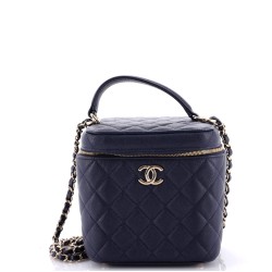 CC Top Handle Vanity Case with Chain Quilted Caviar Small