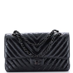 So Black Classic Double Flap Bag Chevron Crinkled Patent Medium