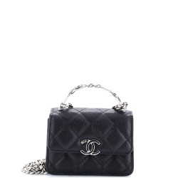 Coco Enamel Top Handle Flap Clutch with Chain Quilted Caviar