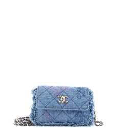 Denim Mood Flap Clutch with Chain Logo Printed Quilted Fringe Denim